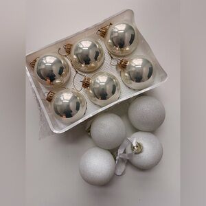 6 Vintage Christmas by Krebs shiny white glass ornaments + 4 H&M snowy ornaments